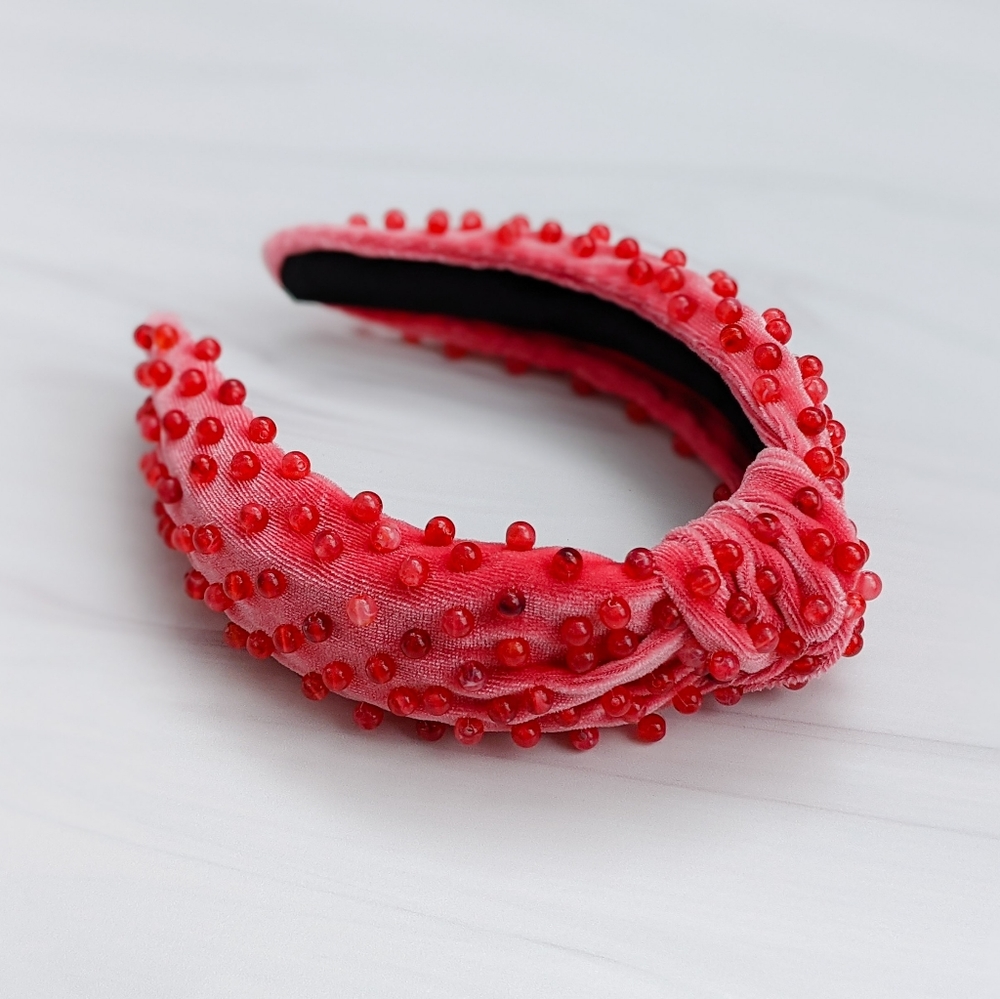 Coral Pink Beaded Knot Velvet Headband Deep Pink Acrylic Beads Handmade Knotted